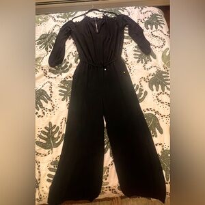 Black Wide-Leg Jumpsuit with V-Neck and Long Sleeves